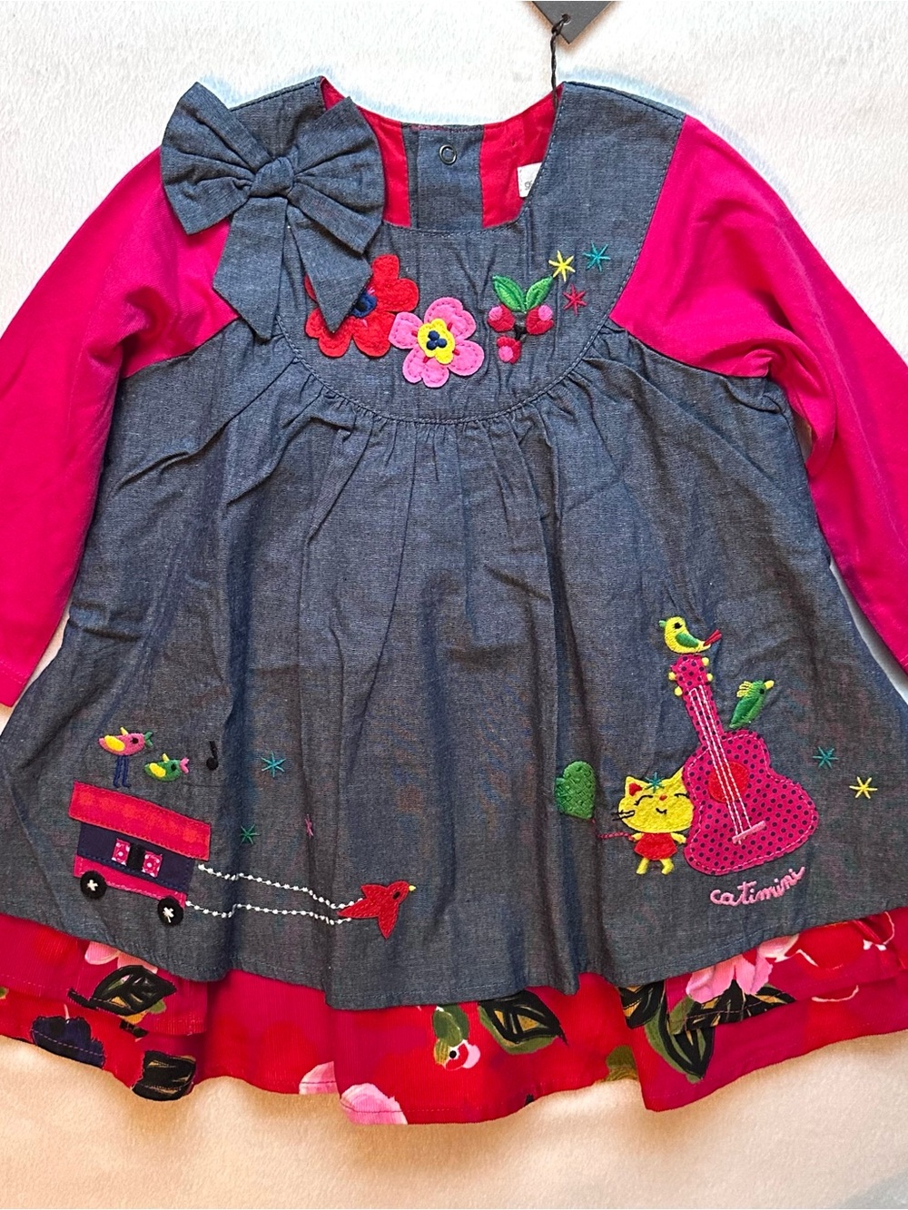 Catimini Spirit Couleur Layered Floral Embroidered Long Slv Dress Baby 6m NWT
